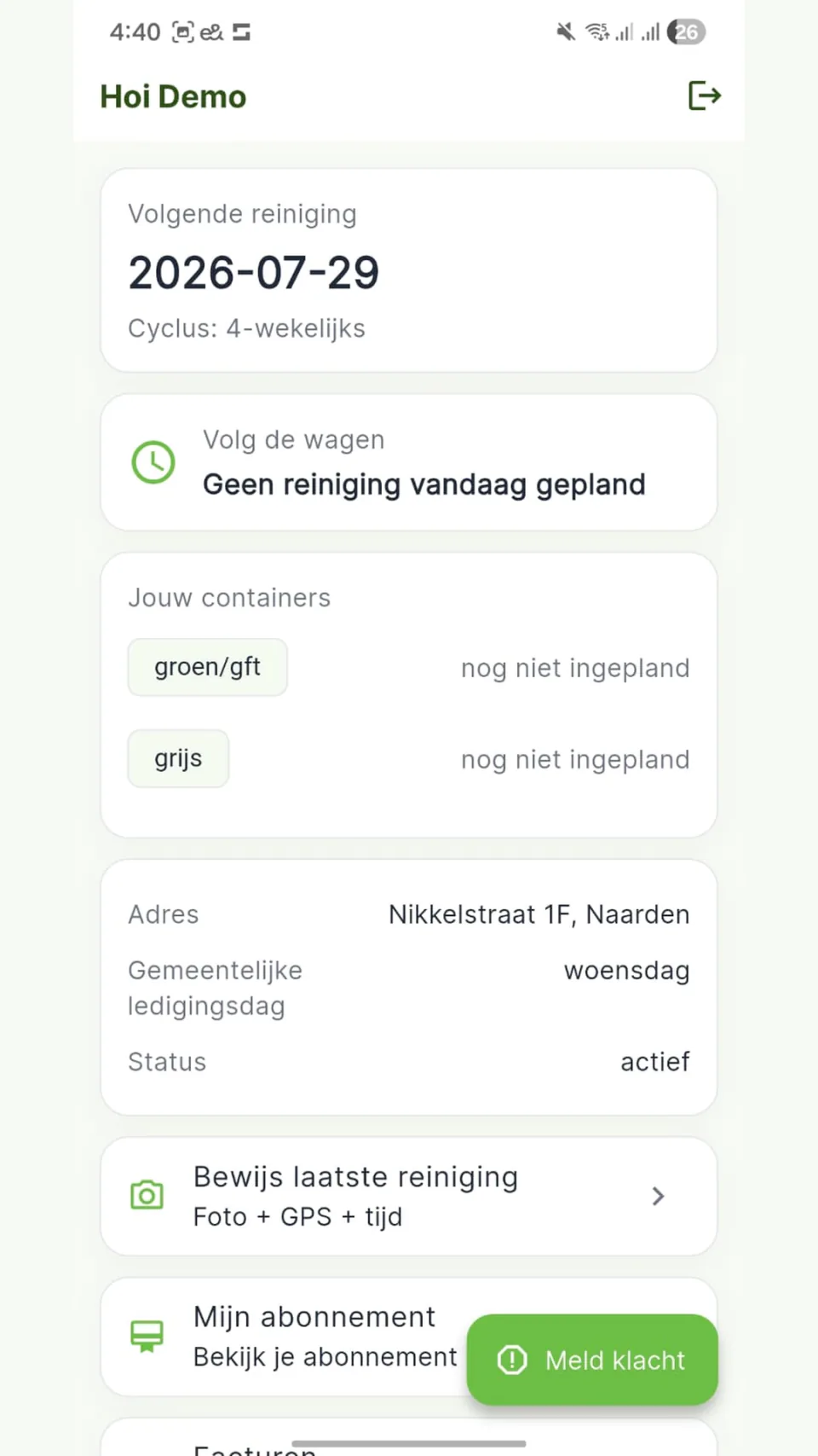 Overzicht in de Frisse Kliko-app met de volgende reiniging, de containers en het bewijs van de laatste reiniging.